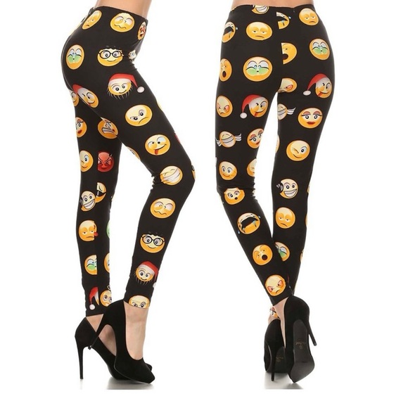 Pants - Black Emoji Pattern Leggings Stretchy Fun